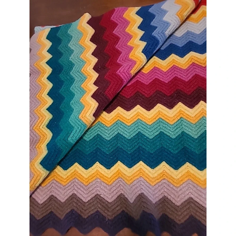 Vintage Wool Throw Blanket‎ Rainbow Crochet 64